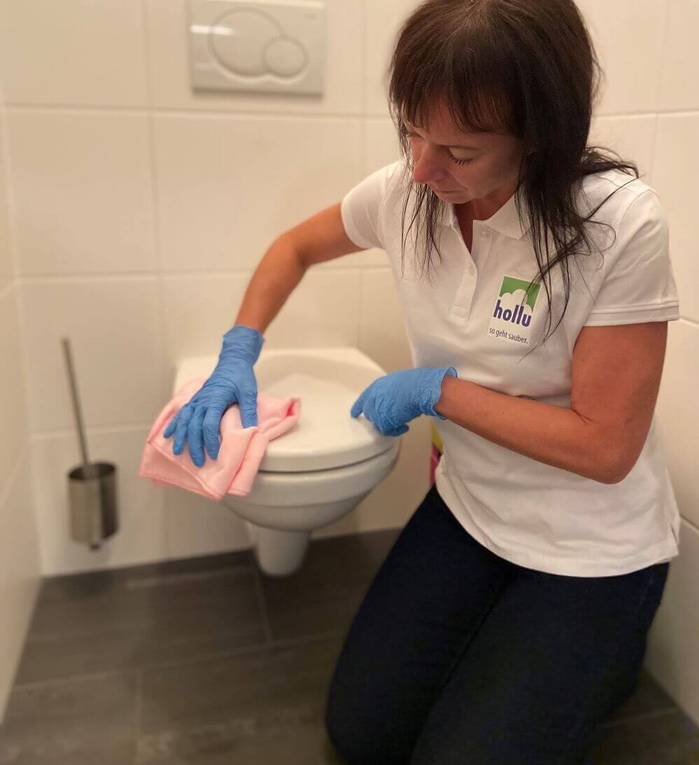 Frau putzt mit rosarotem Mikrofasertuch den Deckel der Toilette.