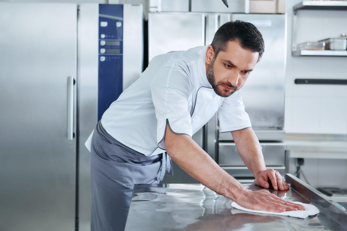 Ein Mann mit hellblauer Kochjacke und grauer Kochschürze wischt mit einem weißen Tuch über eine Arbeitsoberfläche in einer Großküche,